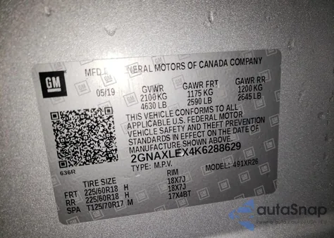 2019 Chevrolet Equinox Lt z USA, uszkodzony, nr VIN 2GNAXLEX4K6288629